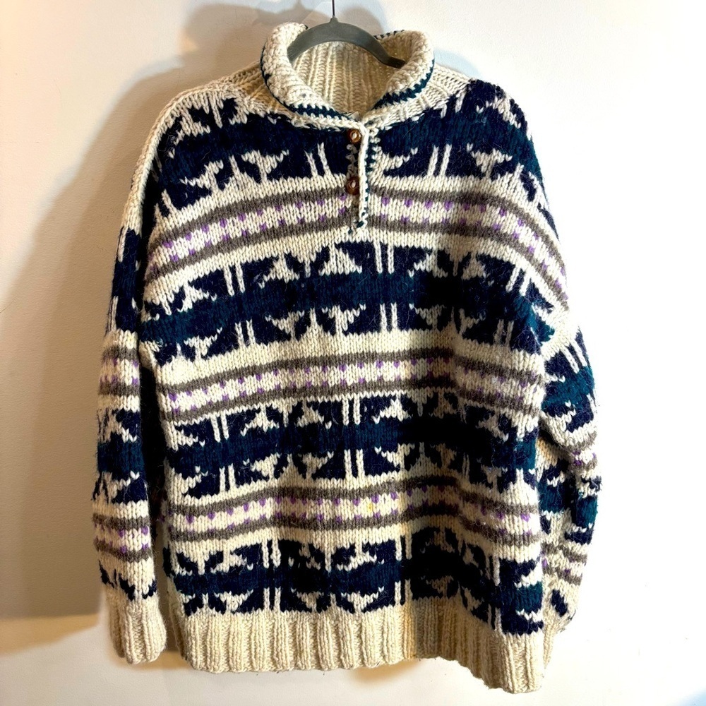 ALMA Sz XL Vintage Knit Sweater with Button High Collar 100% Wool Made in Peru